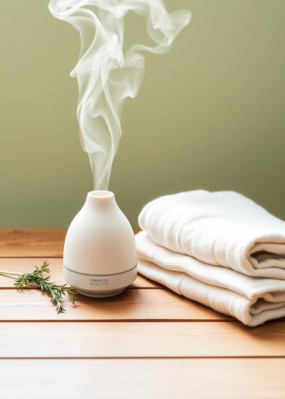 A ceramic diffuser, folded linen towel and rosemary sprig