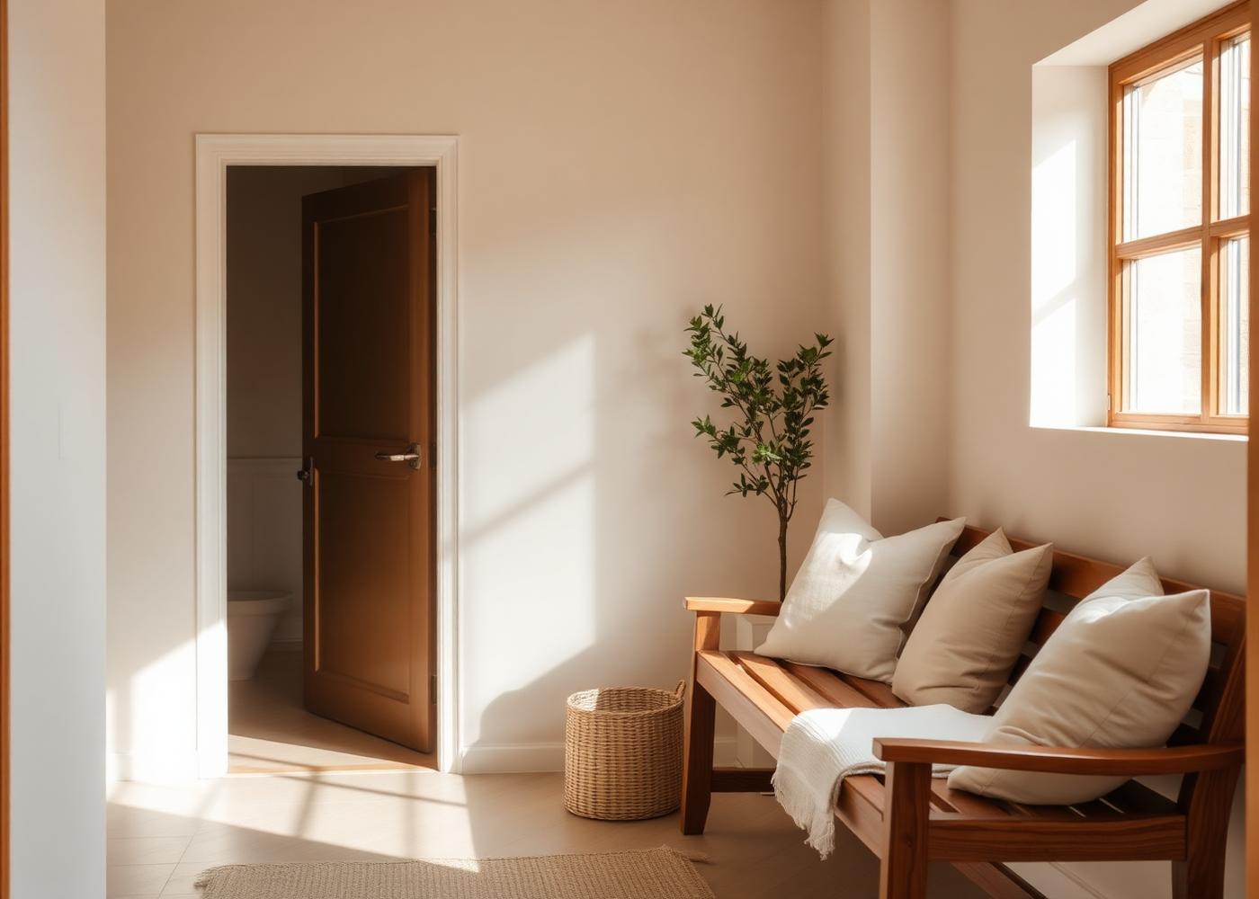 A warm reception nook with a wooden bench and small olive plant